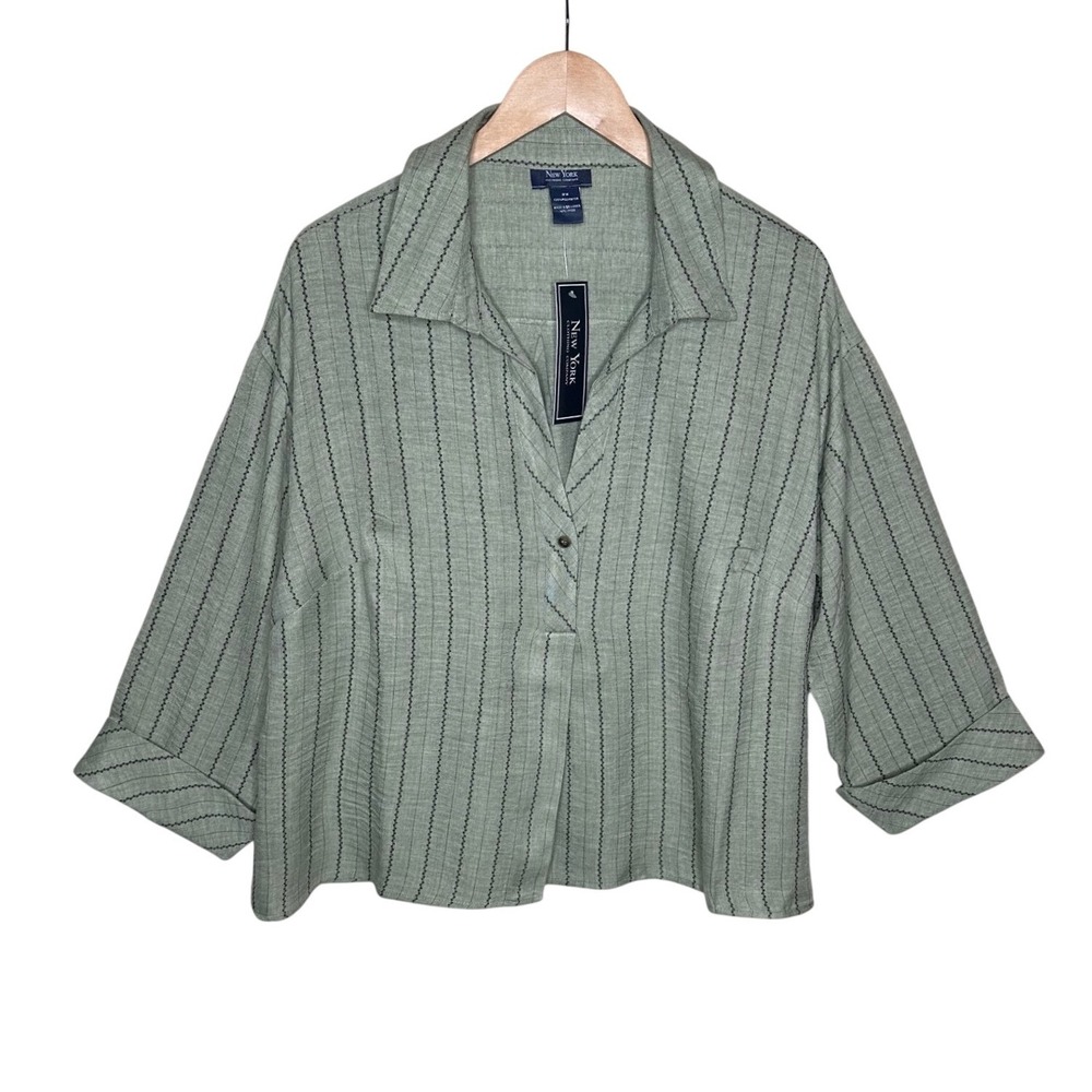 NWT New York Clothing Striped 3/4 Sleeve Boxy Button Down Shirt size 2X Green